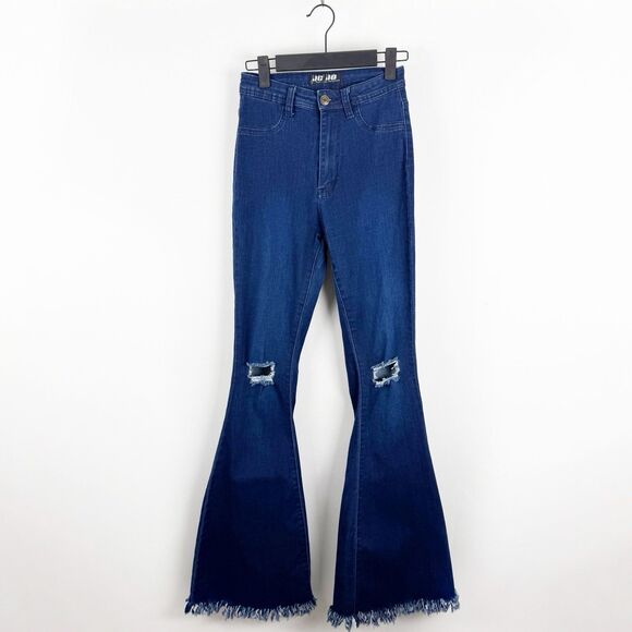 JC JQ  Bell Bottom Blue Jeans Women's Small High Rise Super Stretchy Distressed - Picture 3 of 16